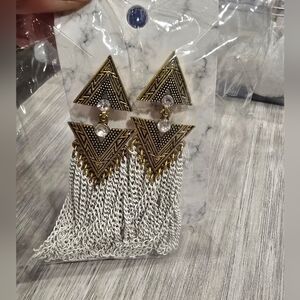 Boho Gold-Tone Triangle Fringe Earrings with Silver Chains